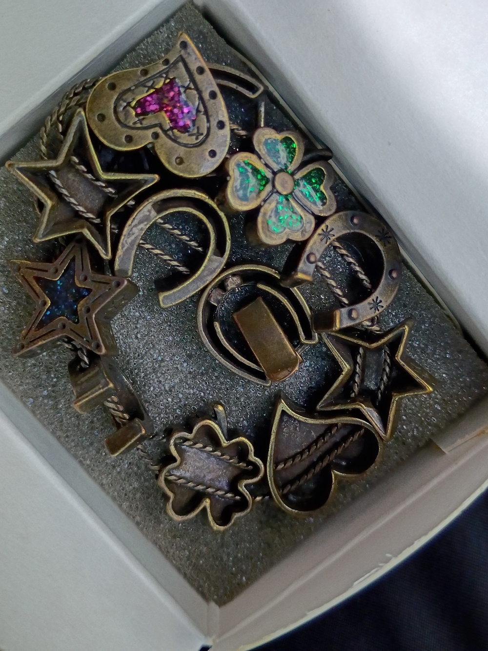 Avon Bronze-Tone Charm Bracelet with Pink and Green Accents